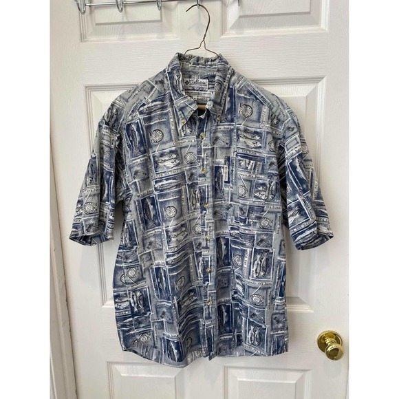 Columbia VTG 90s Fish Print Shirt Medium Large Vintage Short Sleeve Button‎ Down - Picture 1 of 4